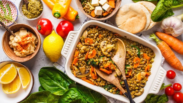 A photograph showing a colourful assortment of vegan food