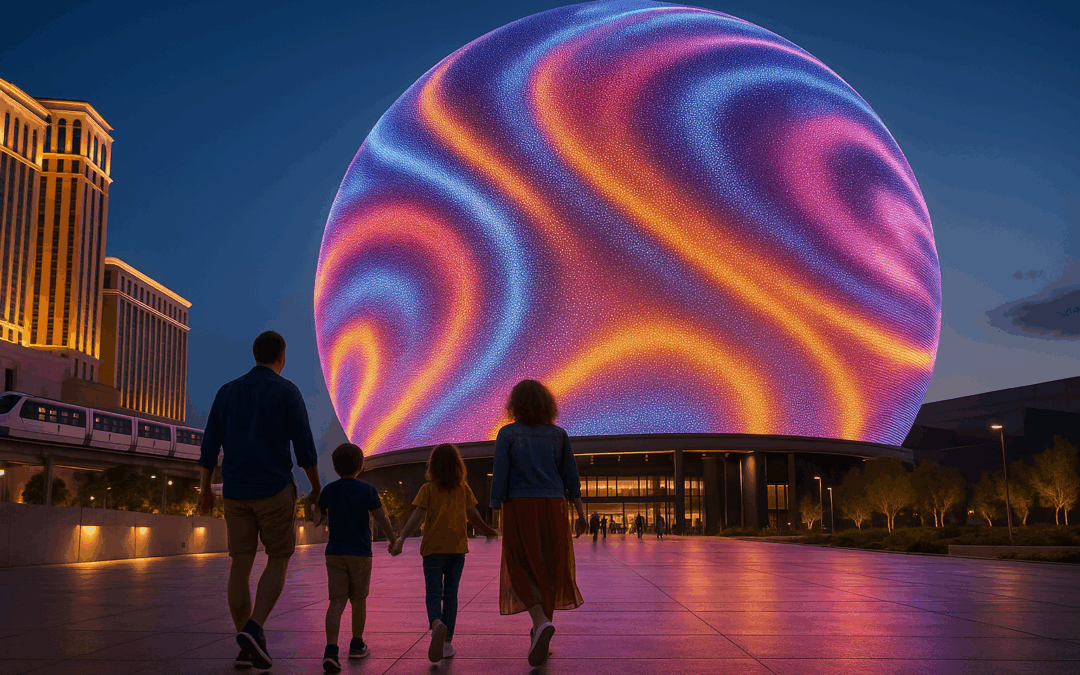 The Sphere beside The Venetian in Las Vegas at dusk with the LED exterior lit up