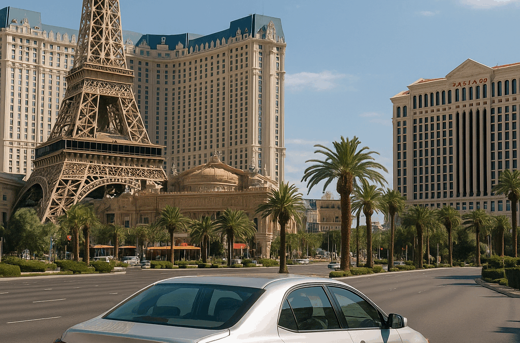 Silver car driving along the Las Vegas Strip in daylight with casinos, palm trees, and hotels visible, including the Paris Las Vegas and Caesars Palace.