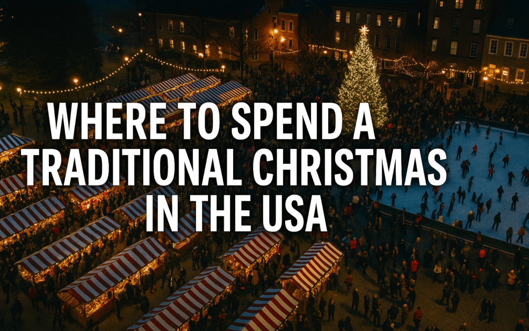 High definition aerial illustration of a festive American Christmas market at night, with striped stalls, a central ice rink, a tall decorated tree, and crowds in a lit town square.
